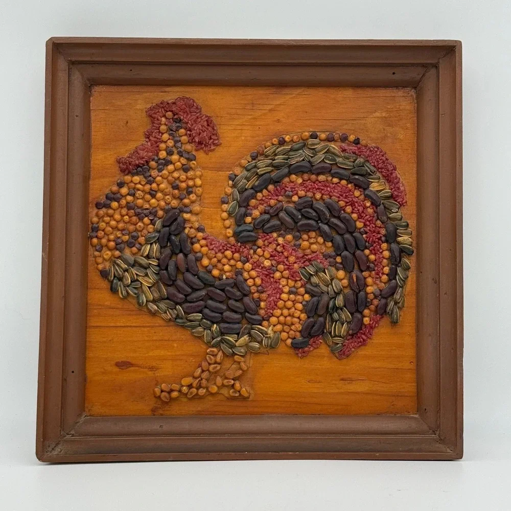 Vintage Seed Art Rooster Mosaic Framed FolkArt Brenda Wade Farmhouse Decor 12x12